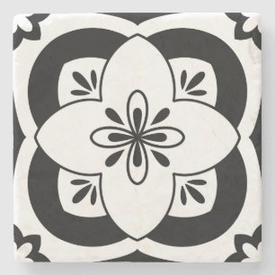 Bloemen Tegel Onderzetter - Zwart