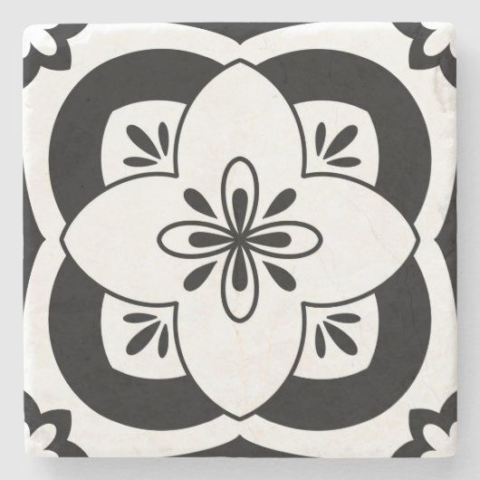 Bloemen Tegel Onderzetter - Zwart (Voorkant)