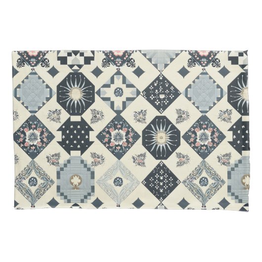 Bloemen Tegel Patchwork Navy Blue Kussensloop (Voorkant-Links)