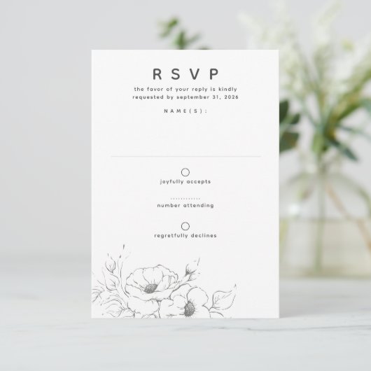 Bloemen Tekenen Elegant Minimale Bruiloft RSVP (Staand voorkant)
