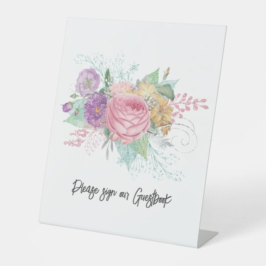 Bloemen tekenen onze gastenboek bruiloft reclamebord met voetstuk (Voorkant)