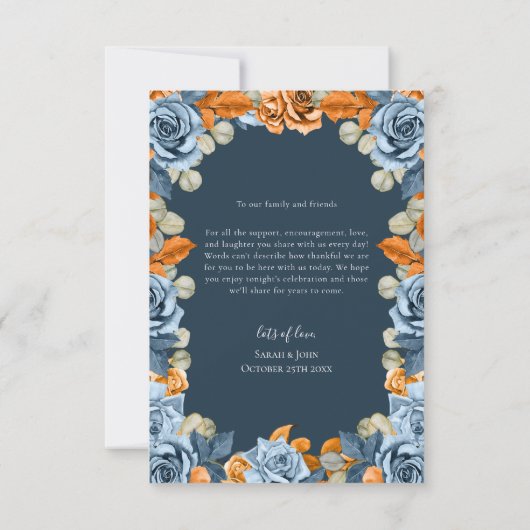 Bloemen terracotta marine blauw en roest bruiloft bedankkaart (Achterkant)