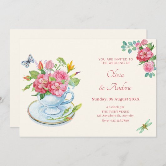 Bloemen thee cup bruiloft kaart (Voorkant / Achterkant)