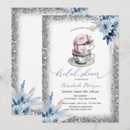 Bloemen Theekop Glitter Lijst Baby shower Kaart (Voorkant / Achterkant)