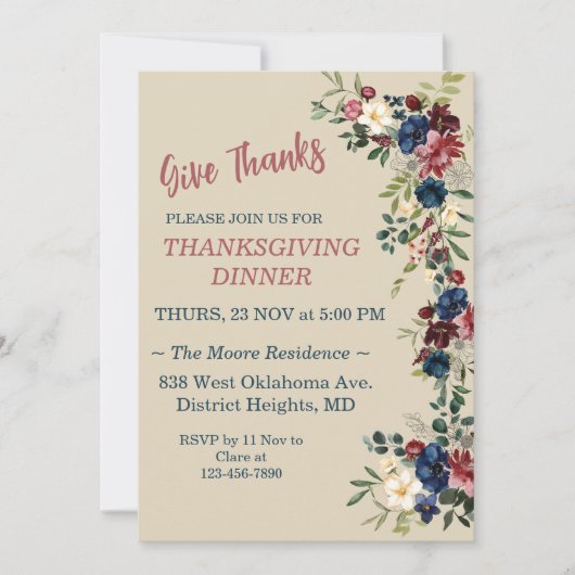 Bloemen Thema Thanksgiving Diner Aangepast Kaart (Voorkant)