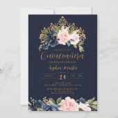 Bloemen Tiara Navy Blush Quinceanera Kaart (Voorkant)