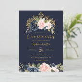 Bloemen Tiara Navy Blush Quinceanera Kaart (Staand voorkant)