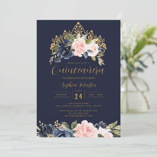 Bloemen Tiara Navy Blush Quinceanera Kaart (Staand voorkant)
