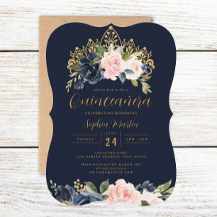 Bloemen Tiara Navy Blush Quinceanera Kaart