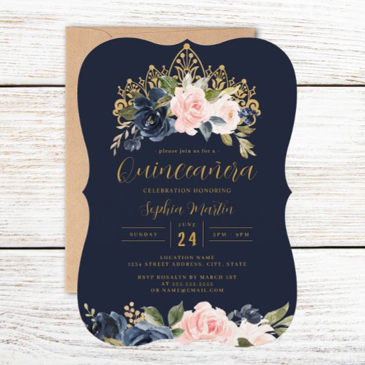 Bloemen Tiara Navy Blush Quinceanera Kaart