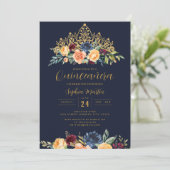 Bloemen Tiara Navy Bourgondië Quinceanera Kaart (Staand voorkant)