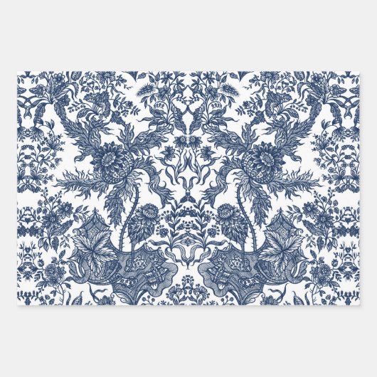 Bloemen  Toile Navy Blauw en wit Decoupage Inpakpapier Vel (Voorkant 2)