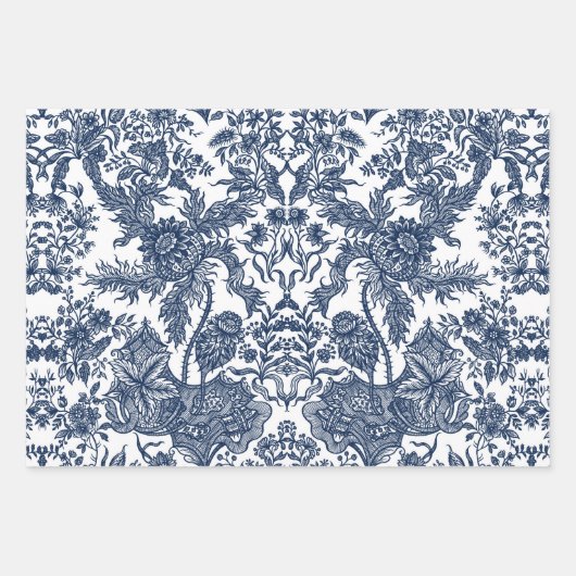 Bloemen  Toile Navy Blauw en wit Decoupage Inpakpapier Vel (Voorkant)