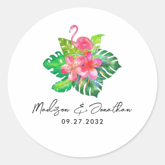 Bloemen Tropisch Paradijs Flamingo Bruiloft Ronde Sticker (Voorkant)