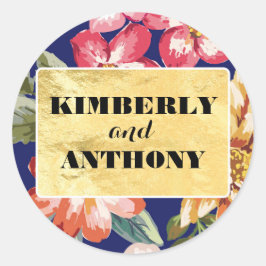 Bloemen tropisch strand marine en gouden bruiloft ronde sticker
