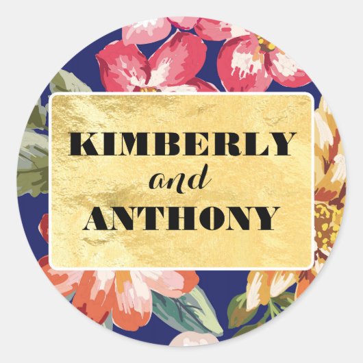 Bloemen tropisch strand marine en gouden bruiloft ronde sticker (Voorkant)