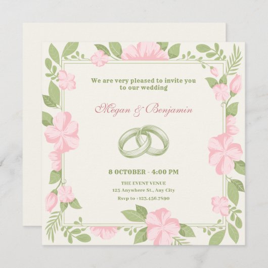 Bloemen trouwring roze groene pastel kleur kaart (Voorkant / Achterkant)