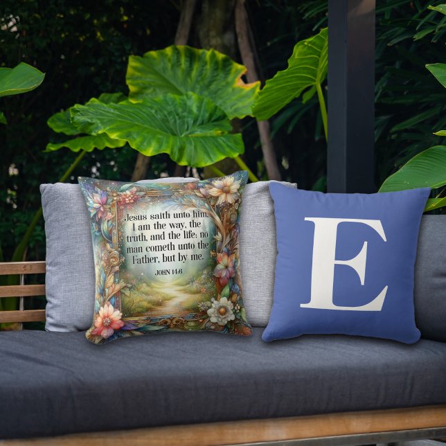 Bloemen Tuin Pad Schrift Blauw Monogram Kussen (Creator heeft geüpload)