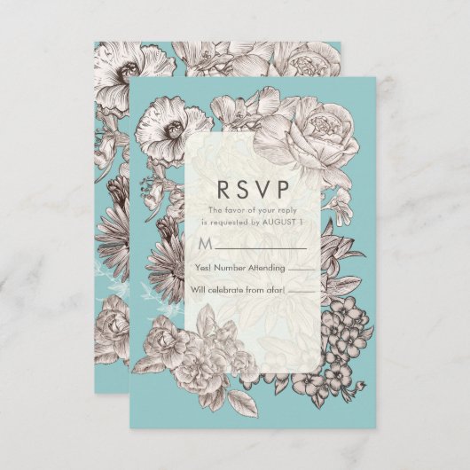  Bloemen Turkoois Blauw Huwelijk RSVP Reageer I Kaart (Voorkant / Achterkant)