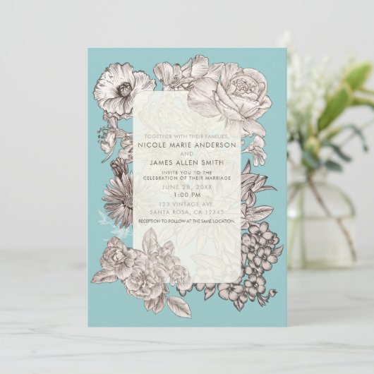  Bloemen Turquoise Blauw Modern Bruiloft Kaart (Staand voorkant)