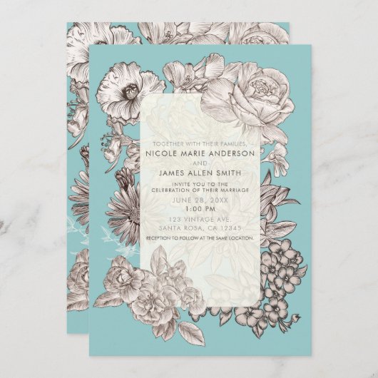 Bloemen Turquoise Blauw Modern Bruiloft Kaart (Voorkant / Achterkant)