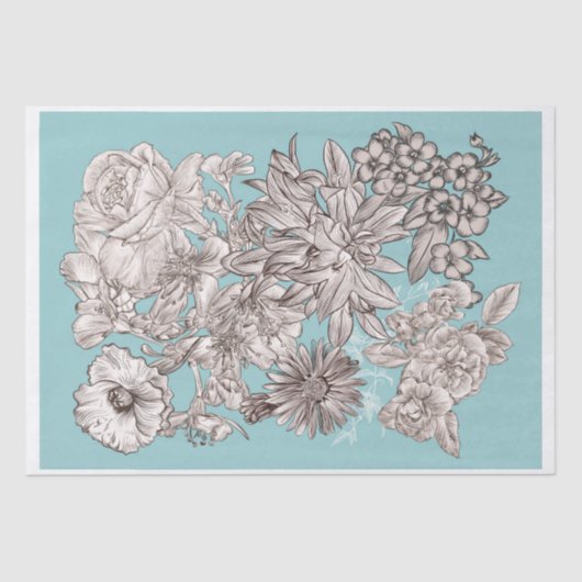  Bloemen Turquoise Blauw Modern Bruiloft Tissuepapier (Voorkant)