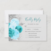 Bloemen Turquoise Grijs Zilveren Maaltijd Keuze Br RSVP Kaartje (Voorkant)