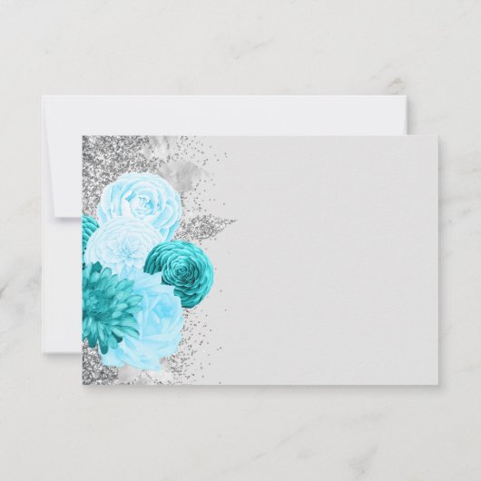 Bloemen Turquoise Grijs Zilveren Maaltijd Keuze Br RSVP Kaartje (Achterkant)