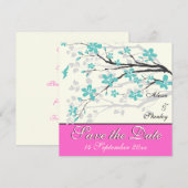 Bloemen turquoise, hete roze huwelijksaankondiging kaart (Voorkant / Achterkant)