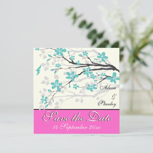 Bloemen turquoise, hete roze huwelijksaankondiging kaart (Staand voorkant)