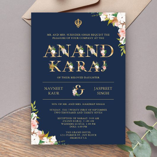 Bloemen Typografie Navy Anand Karaj Sikh Bruiloft Kaart