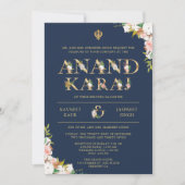 Bloemen Typografie Navy Anand Karaj Sikh Bruiloft Kaart (Voorkant)