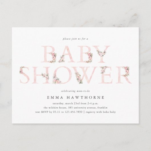 Bloemen Typografie Roze Baby shower Invitation Briefkaart (Voorkant)