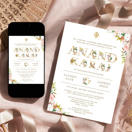 Bloemen Typografie Wit Anand Karaj Sikh Bruiloft Kaart