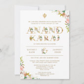 Bloemen Typografie Wit Anand Karaj Sikh Bruiloft Kaart (Voorkant)