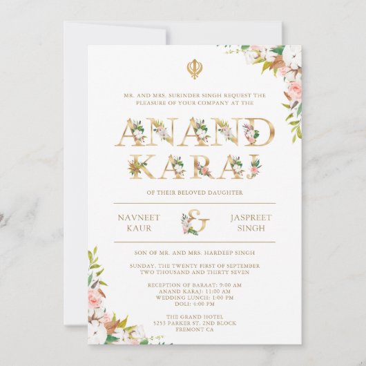 Bloemen Typografie Wit Anand Karaj Sikh Bruiloft Kaart (Voorkant)
