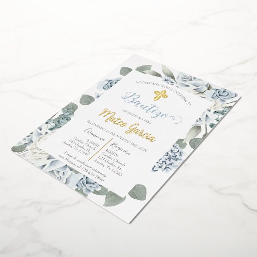 Bloemen uitnodiging voor blauwe doop in het Spaans (Gedraaid)