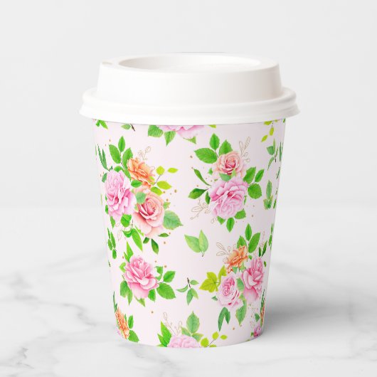 Bloemen van bloemblaadjes met groen Roos Papieren Bekers (Achterkant)