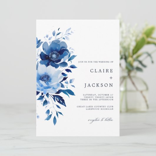 Bloemen van Blue Wedding Kaart (Staand voorkant)