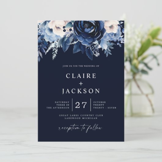 Bloemen van Blue Wedding Navy Kaart (Staand voorkant)