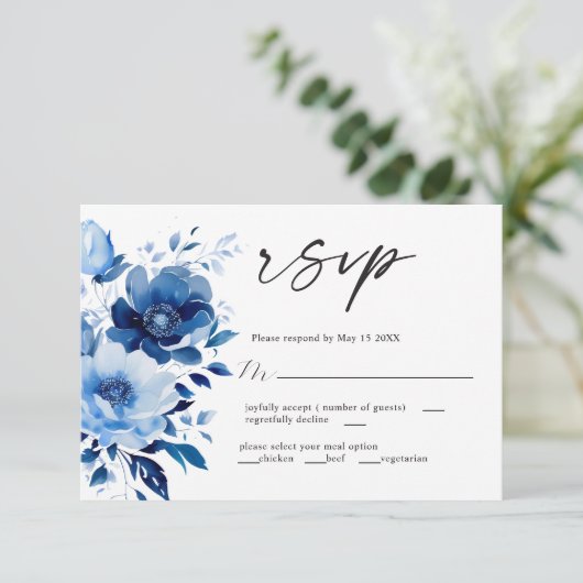 Bloemen van Blue Wedding RSVP Kaart (Staand voorkant)