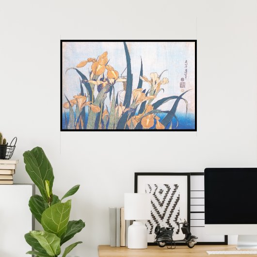 Bloemen van de Irises en Grasshopper Katsushika Ho Poster (Thuiskantoor)
