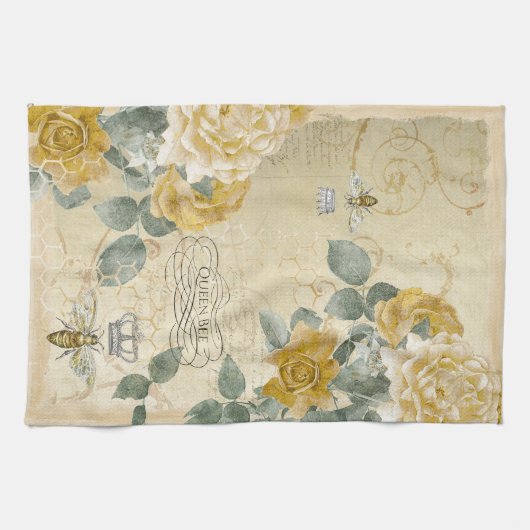  bloemen van koningin Bee Golden Yellow Rose Theedoek (Horizontaal)