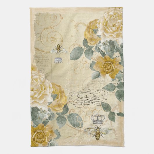  bloemen van koningin Bee Golden Yellow Rose Theedoek (Verticaal)