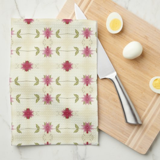 Bloemen van roze met groen en wit taupe theedoek (Quarter Fold)