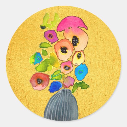 bloemen van waterverf, vaas ronde sticker (Voorkant)