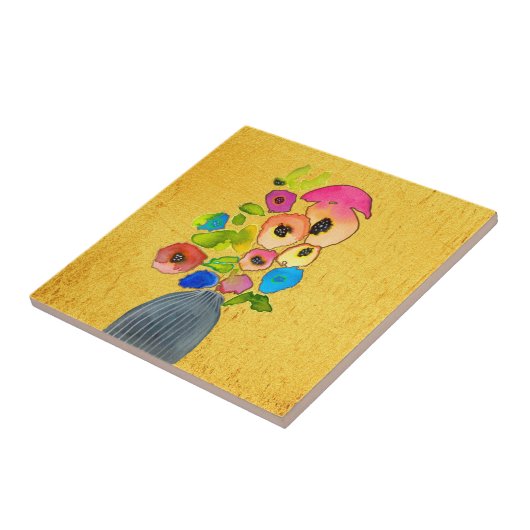 bloemen van waterverf, vaas tegeltje (Zijkant)
