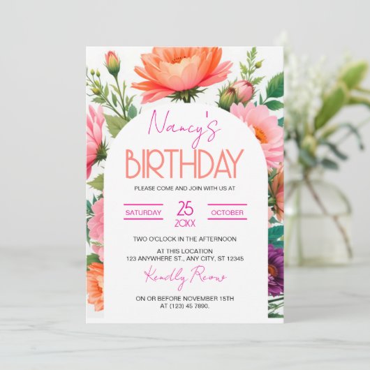 Bloemen Verjaardag Brunch Uitnodiging Sjabloon, Br (Staand voorkant)