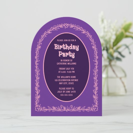 Bloemen Verjaardag Uitnodiging Roze Paarse Boog (Staand voorkant)