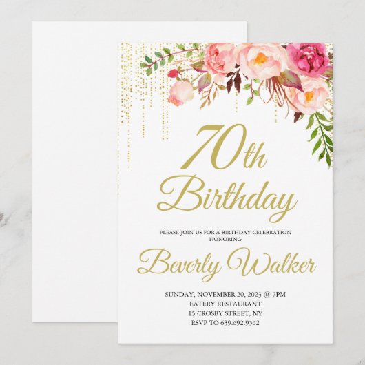 Bloemen Verjaardagsfeest 70e Verjaardag Uitnodigin Kaart (Voorkant / Achterkant)